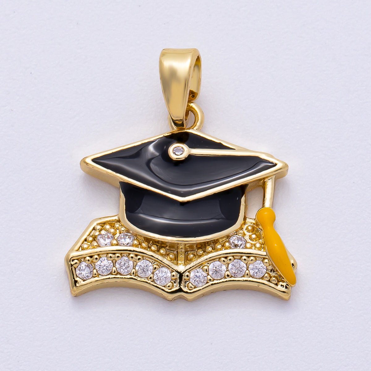 16K Gold Filled 18mm Micro Paved CZ Enamel Graduation Cap Pendant | Charms-00489