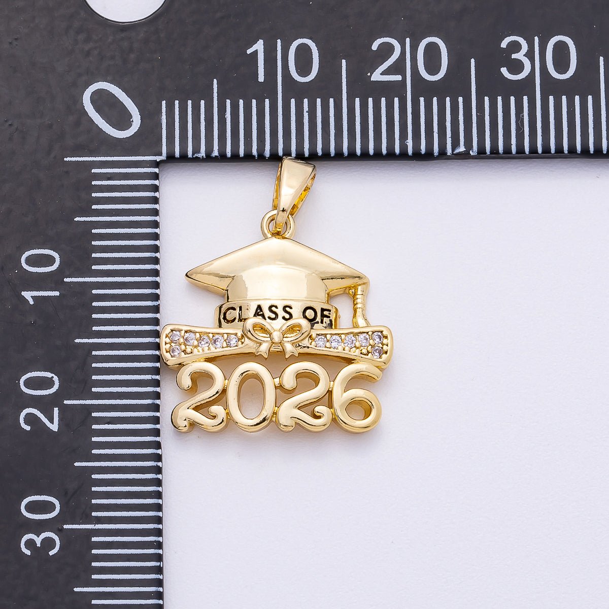 16K Gold Filled 18mm "2026" Micro Paved CZ Diploma Graduation Pendant in Gold & Silver | Charms-00487 Charms-00488