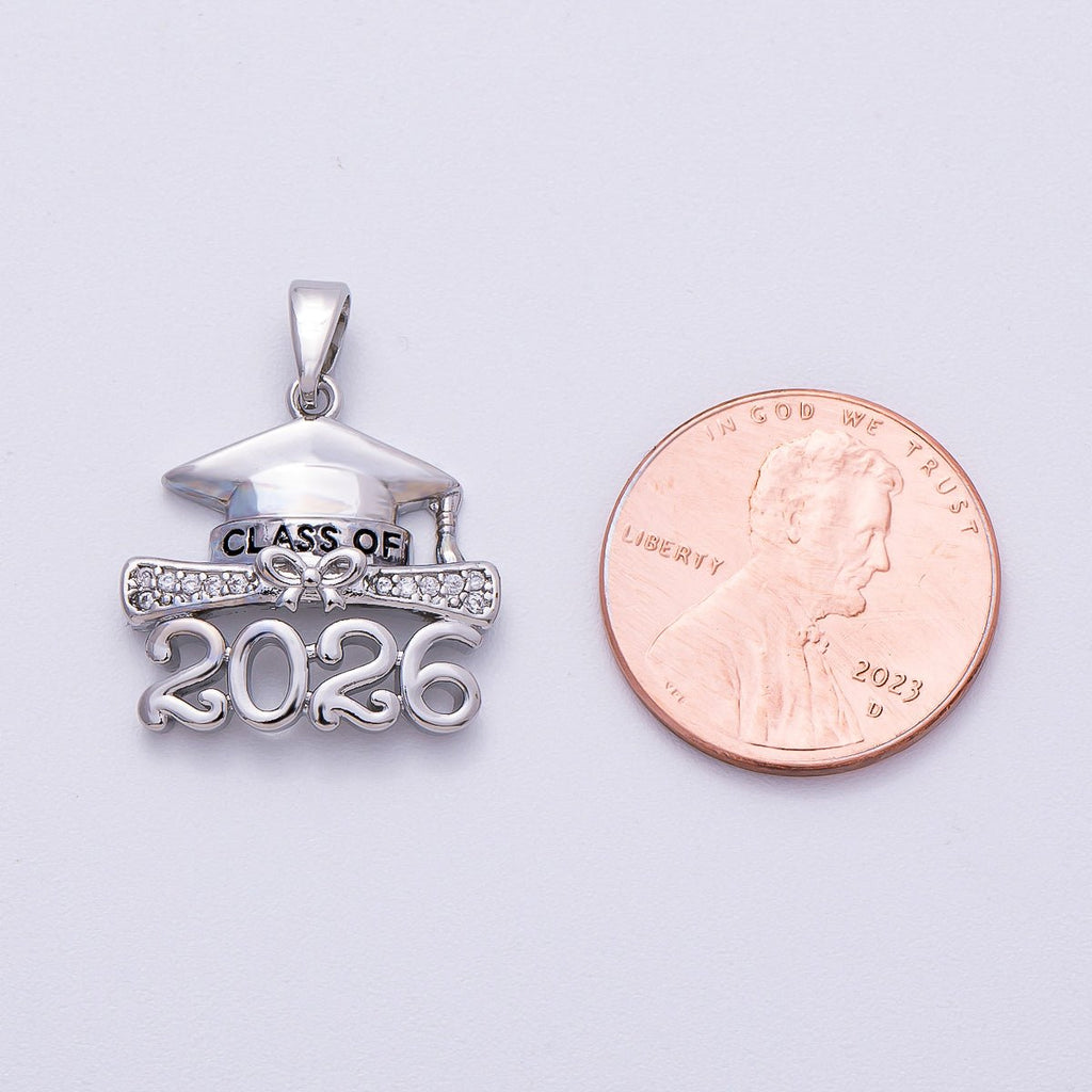 16K Gold Filled 18mm "2026" Micro Paved CZ Diploma Graduation Pendant in Gold & Silver | Charms-00487 Charms-00488
