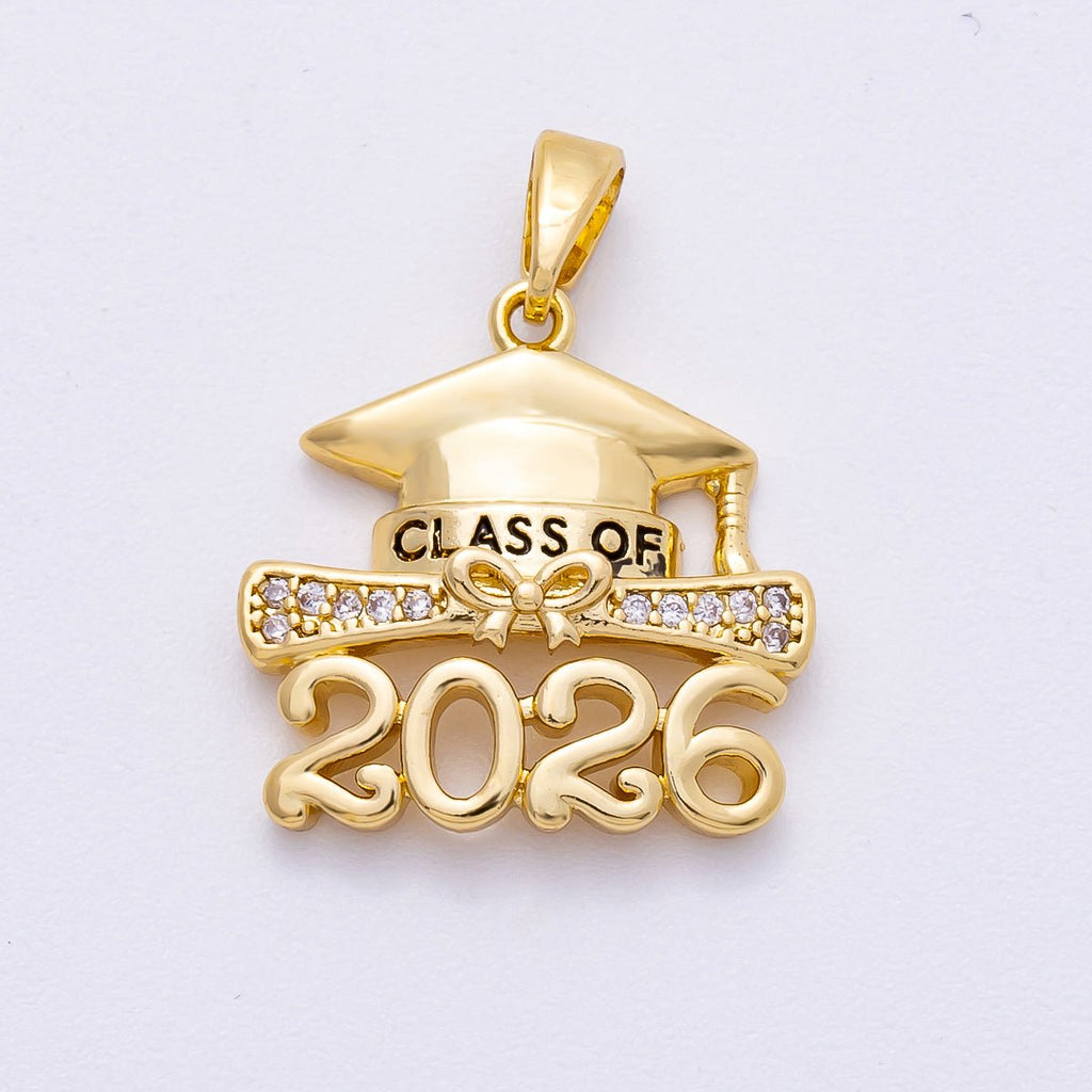 16K Gold Filled 18mm "2026" Micro Paved CZ Diploma Graduation Pendant in Gold & Silver | Charms-00487 Charms-00488