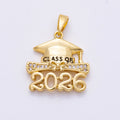 16K Gold Filled 18mm "2026" Micro Paved CZ Diploma Graduation Pendant in Gold & Silver | Charms-00487 Charms-00488