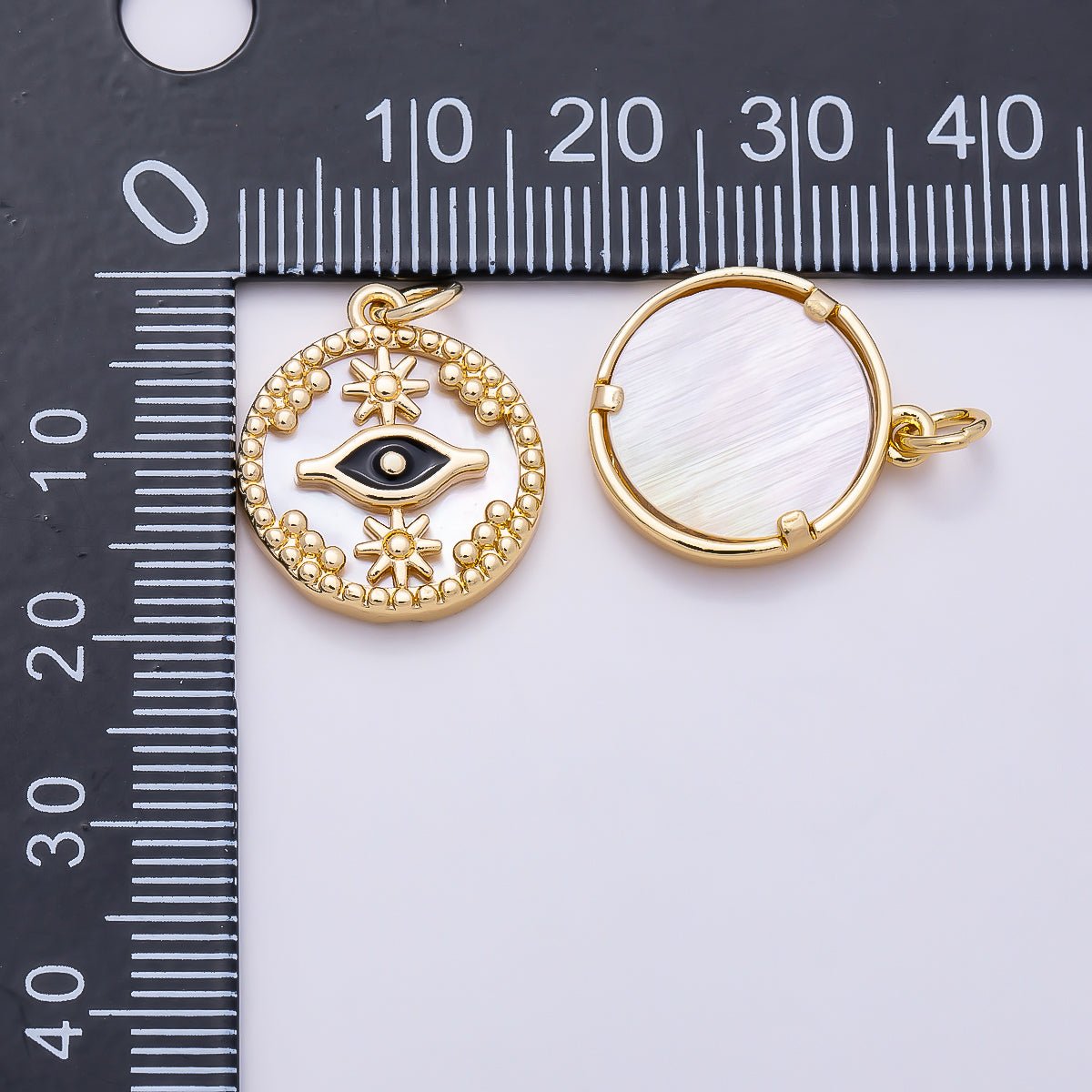16K Gold Filled 18mm Black Evil Eye Star Shell Pearl Round Charm in Gold & Silver | Charms-01353