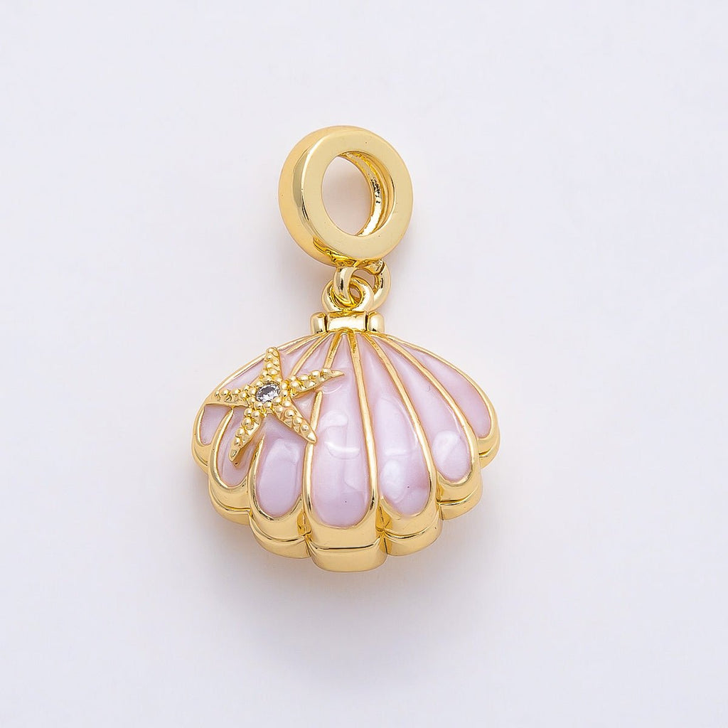 16K Gold Filled 18mm Pink, White Enamel Seashell Star Fish Drop Rondelle Pendant | Charms-00768 Charms-00769