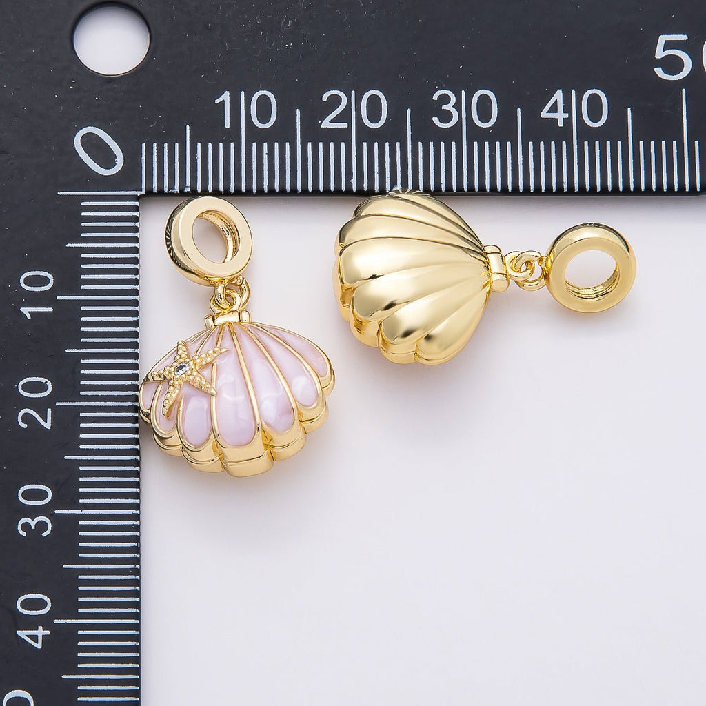 16K Gold Filled 18mm Pink, White Enamel Seashell Star Fish Drop Rondelle Pendant | Charms-00768 Charms-00769