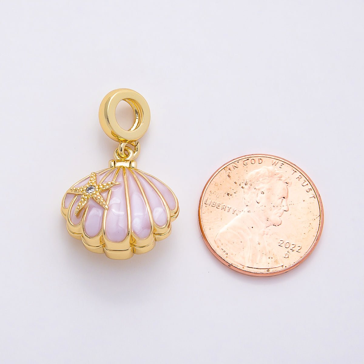 16K Gold Filled 18mm Pink, White Enamel Seashell Star Fish Drop Rondelle Pendant | Charms-00768 Charms-00769