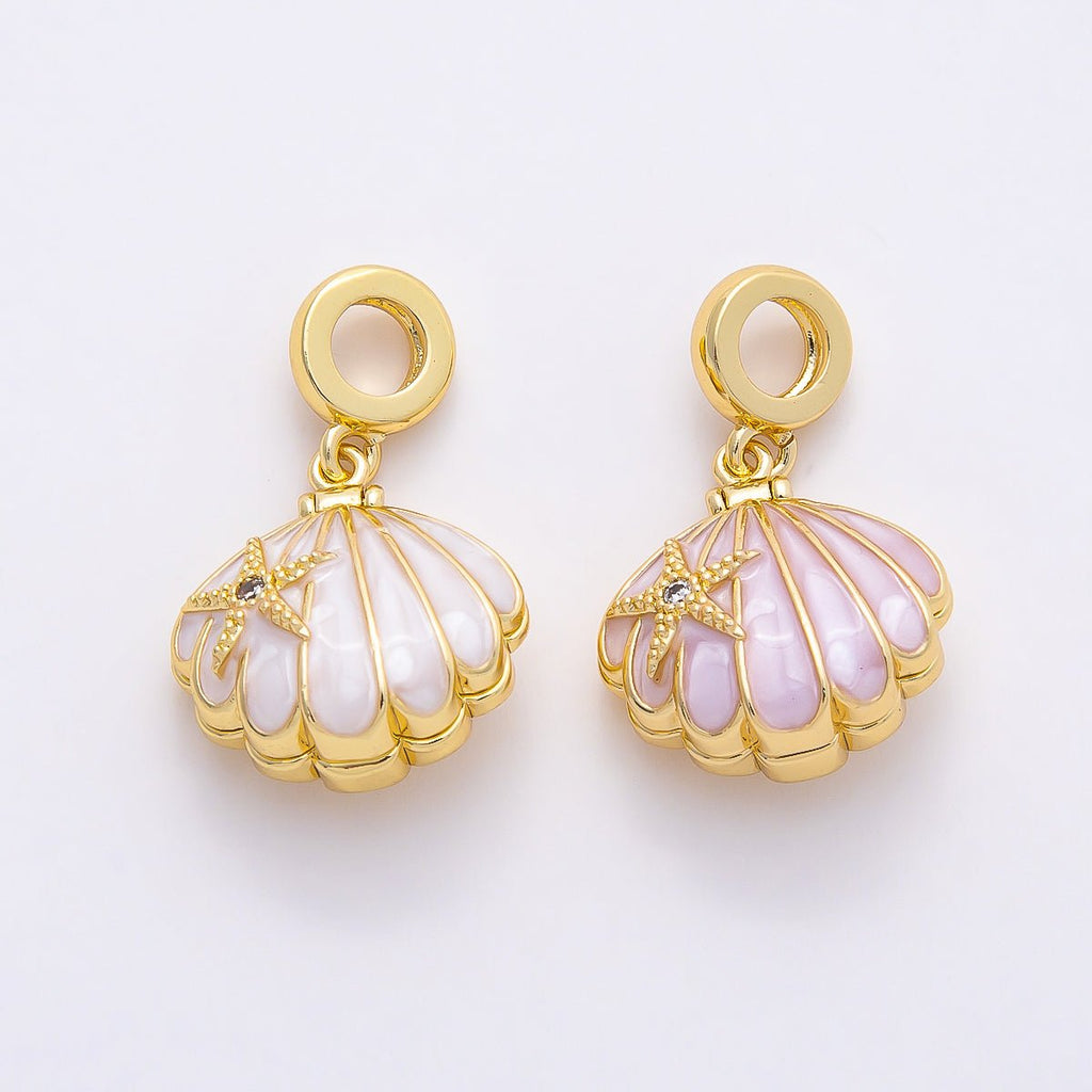 16K Gold Filled 18mm Pink, White Enamel Seashell Star Fish Drop Rondelle Pendant | Charms-00768 Charms-00769
