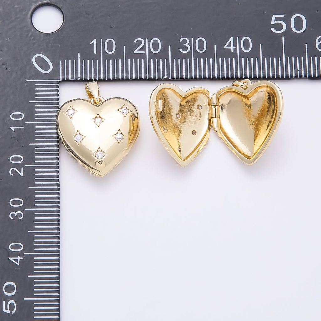 16K Gold Filled 19mm Clear CZ Starburst Dotted Love Heart Locket Pendant | Charms-01036