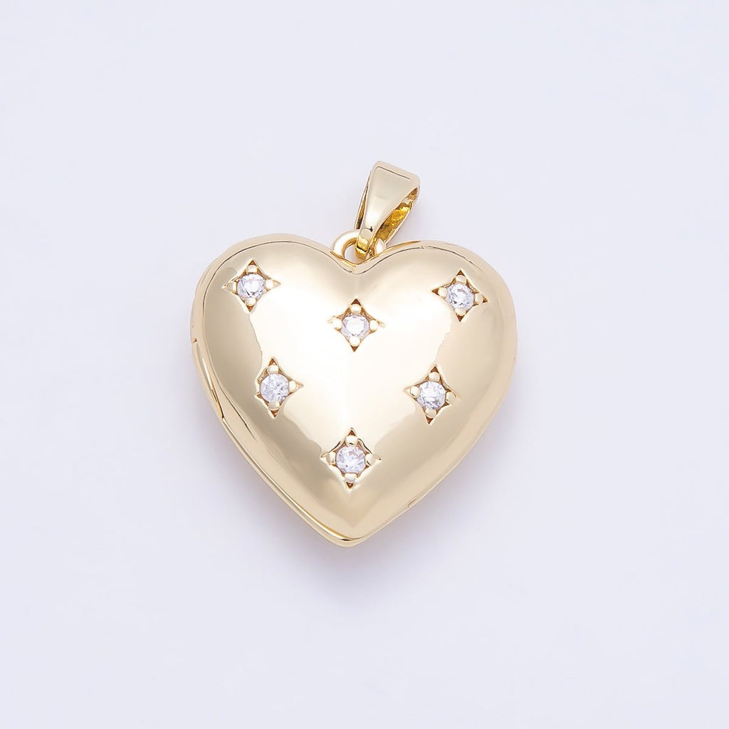 16K Gold Filled 19mm Clear CZ Starburst Dotted Love Heart Locket Pendant | Charms-01036