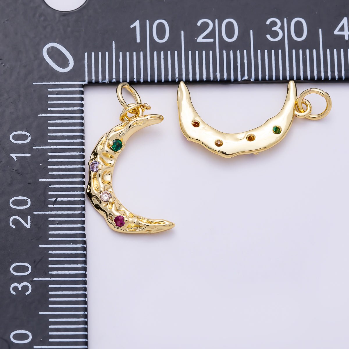 16K Gold Filled 19mm Multicolor CZ Dotted Hammered Celestial Crescent Moon Charm | Charms-01487
