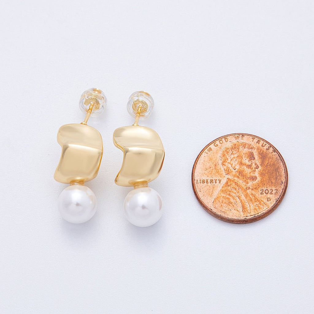 16K Gold Filled 19mm Shell Pearl Wide Molten Drop Stud Earrings | Earrings-00139