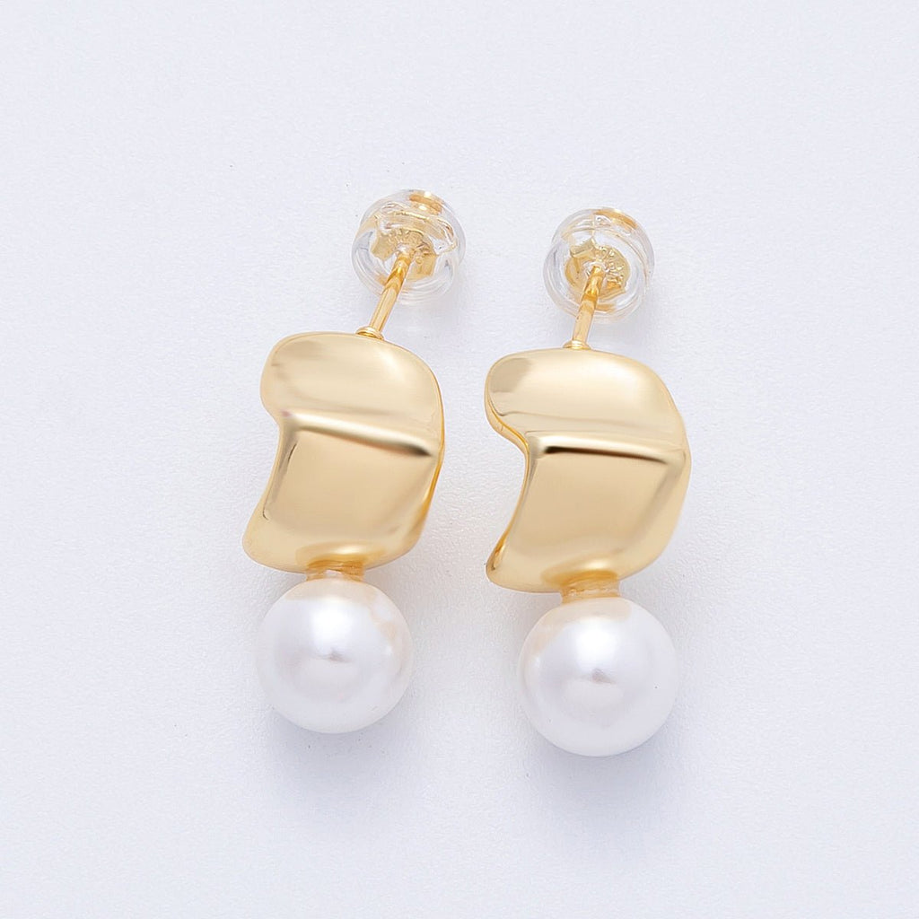 16K Gold Filled 19mm Shell Pearl Wide Molten Drop Stud Earrings | Earrings-00139