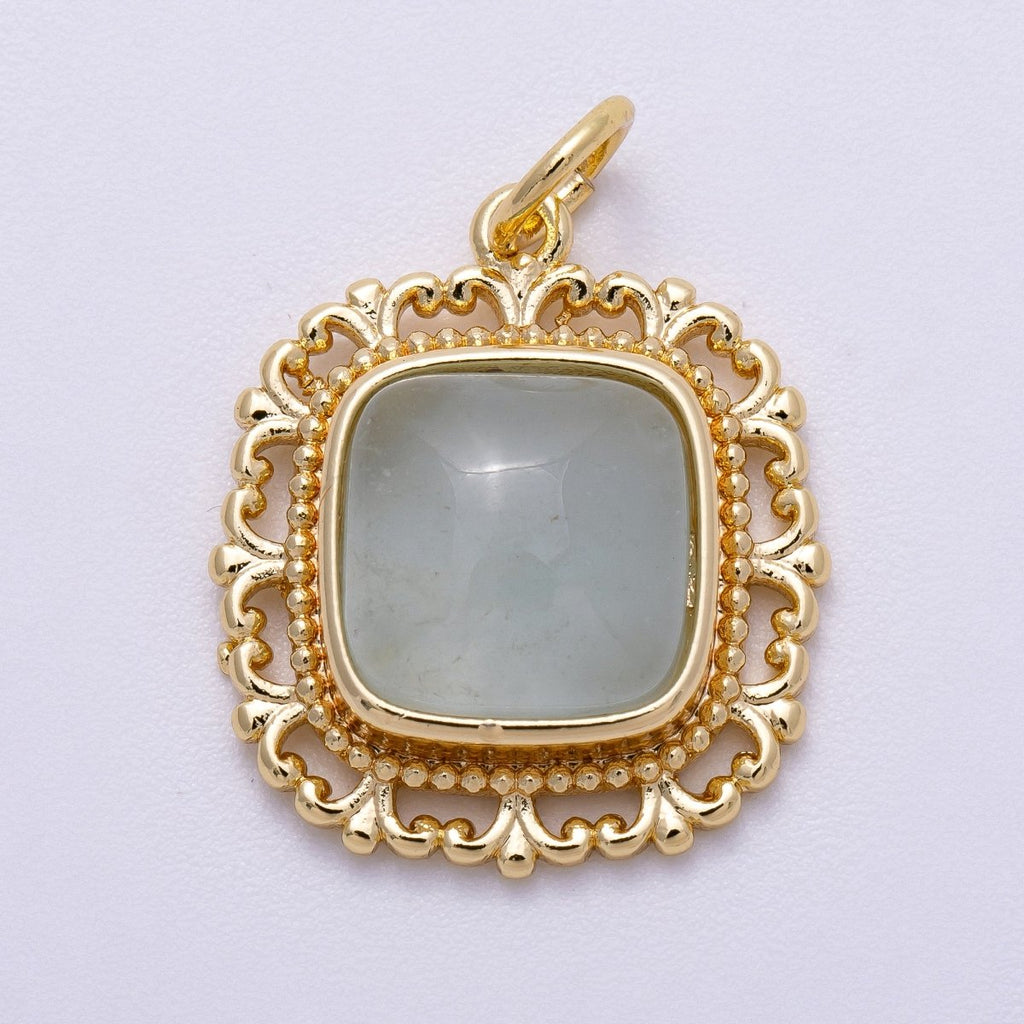 16K Gold Filled 20mm Aquamarine, Amethyst, Prehnite Square Gemstone Artisan Bezel Charm | Charms-00603 - Charms-00605