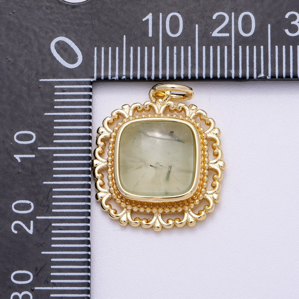 16K Gold Filled 20mm Aquamarine, Amethyst, Prehnite Square Gemstone Artisan Bezel Charm | Charms-00603 - Charms-00605