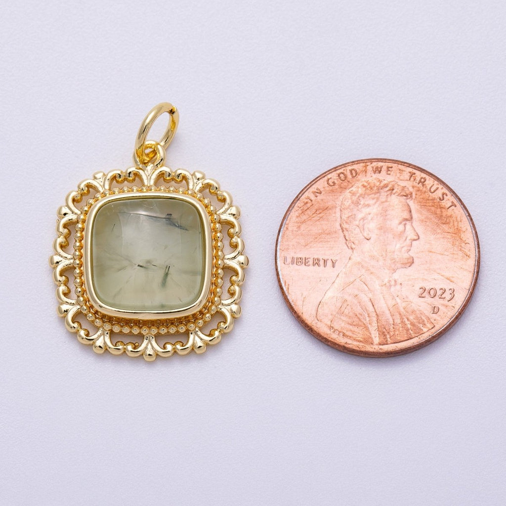 16K Gold Filled 20mm Aquamarine, Amethyst, Prehnite Square Gemstone Artisan Bezel Charm | Charms-00603 - Charms-00605