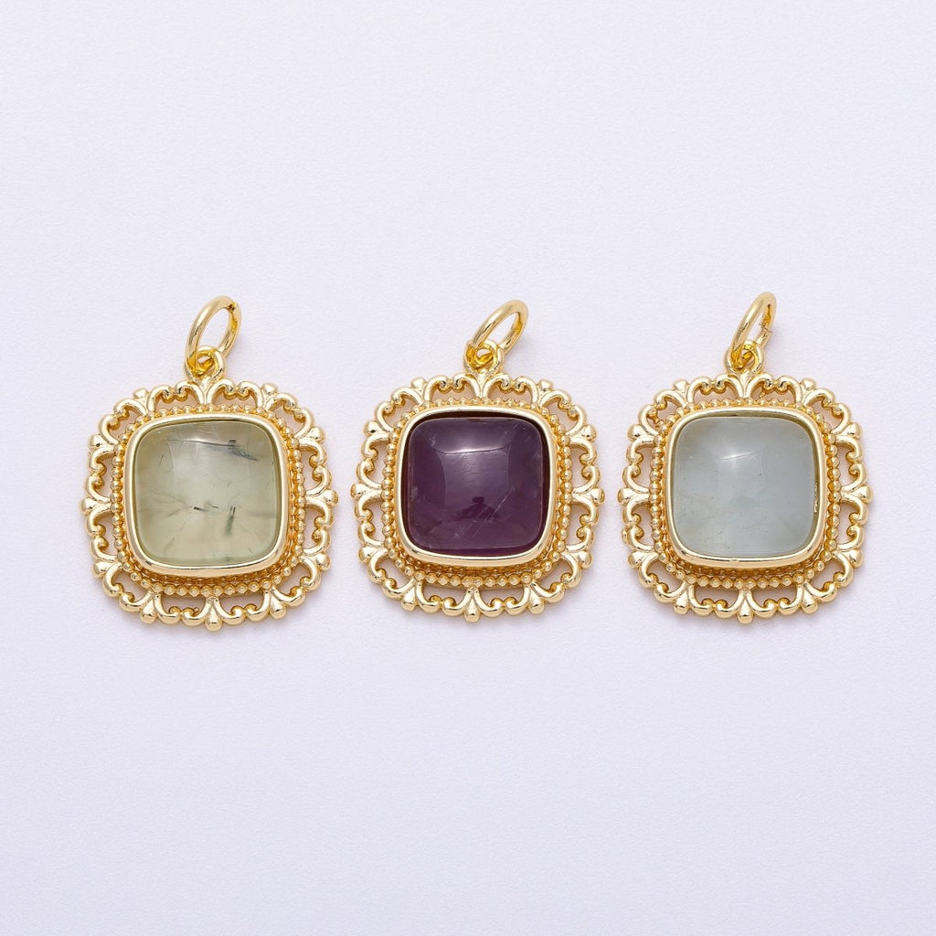 16K Gold Filled 20mm Aquamarine, Amethyst, Prehnite Square Gemstone Artisan Bezel Charm | Charms-00603 - Charms-00605