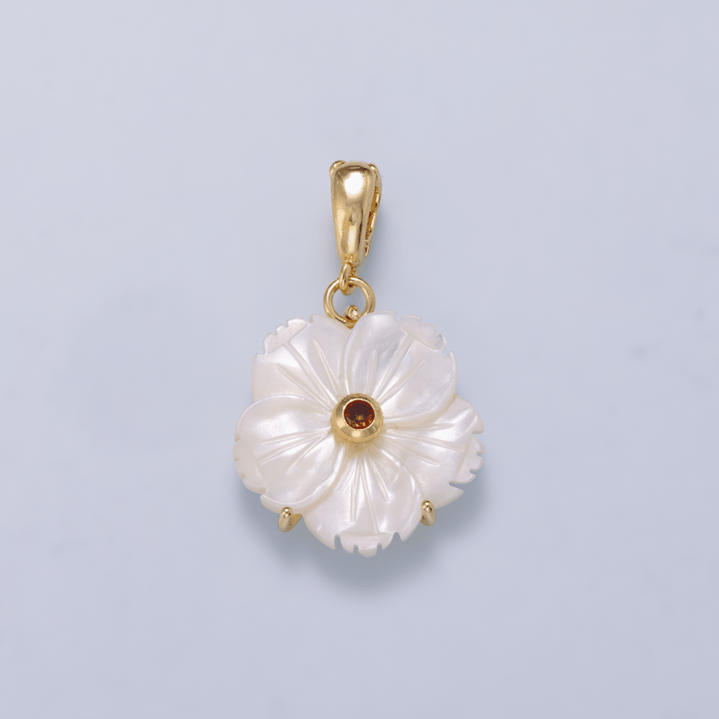 16K Gold Filled 20mm Birthstone CZ Mother of Pearl Flower Snap Drop Pendant | Charms-00965 ~ Charms-00976