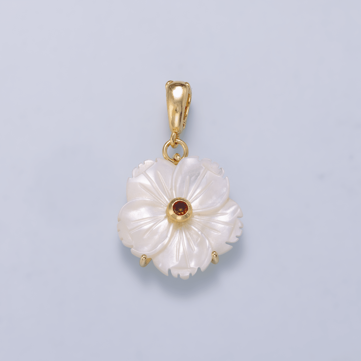 16K Gold Filled 20mm Birthstone CZ Mother of Pearl Flower Snap Drop Pendant | Charms-00965 ~ Charms-00976