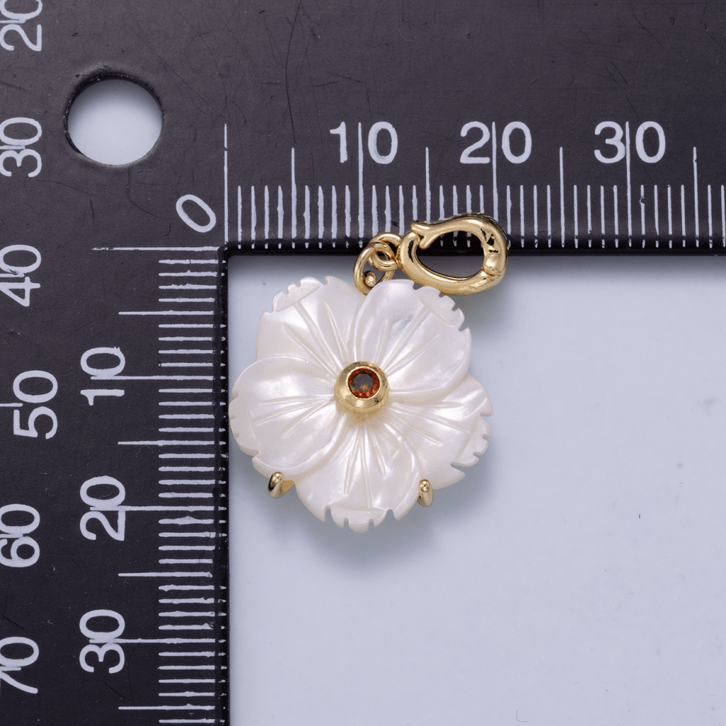 16K Gold Filled 20mm Birthstone CZ Mother of Pearl Flower Snap Drop Pendant | Charms-00965 ~ Charms-00976