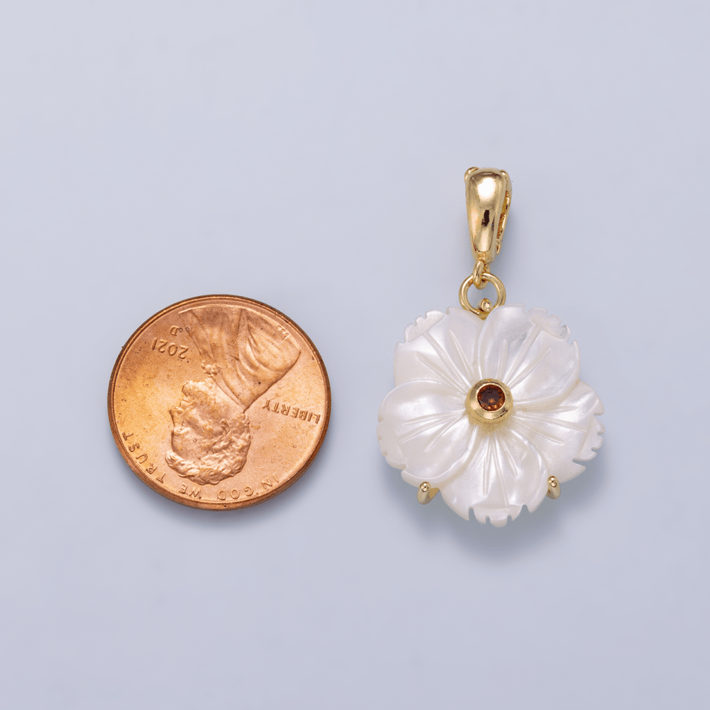 16K Gold Filled 20mm Birthstone CZ Mother of Pearl Flower Snap Drop Pendant | Charms-00965 ~ Charms-00976