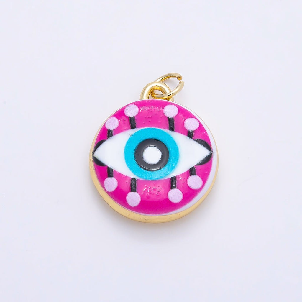 16K Gold Filled 20mm Blue Pink Evil Eye Enamel Round Charm | Charms-01241