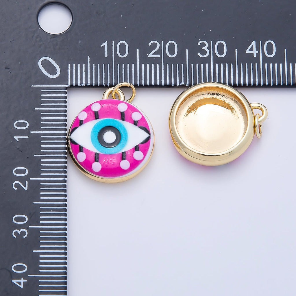 16K Gold Filled 20mm Blue Pink Evil Eye Enamel Round Charm | Charms-01241