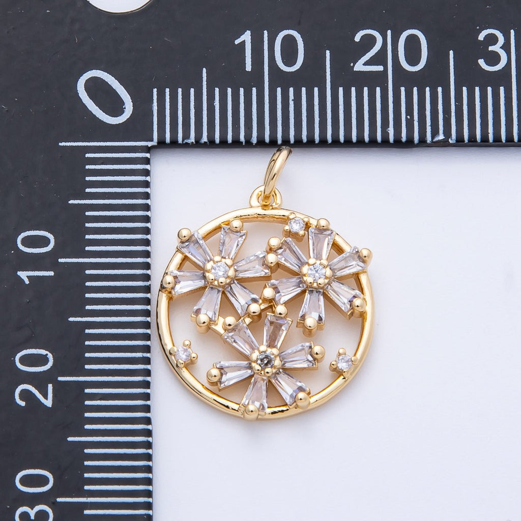16K Gold Filled 20mm Clear CZ Baguette Triple Flower Open Round Charm | Charms-00392