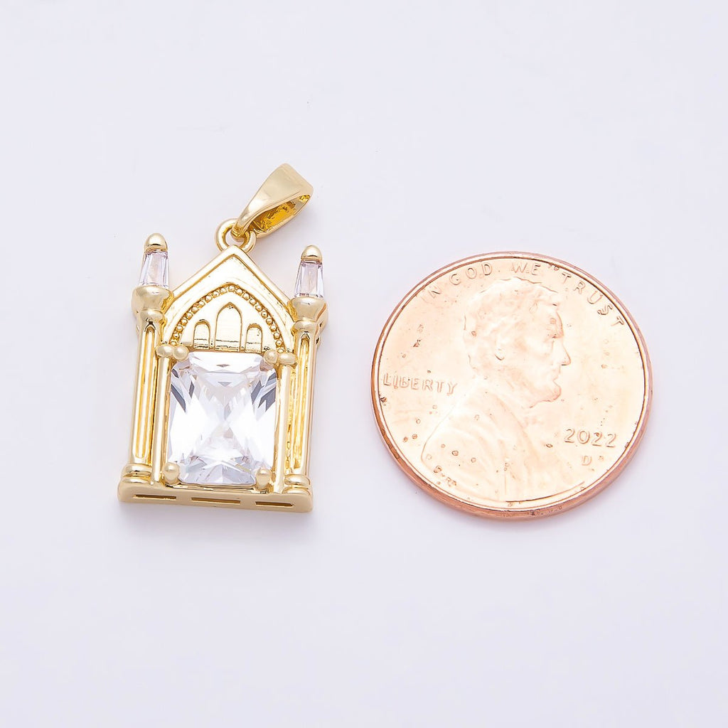 16K Gold Filled 20mm Clear CZ Baguette Vintage Church Castle Pendant | Charms-01037
