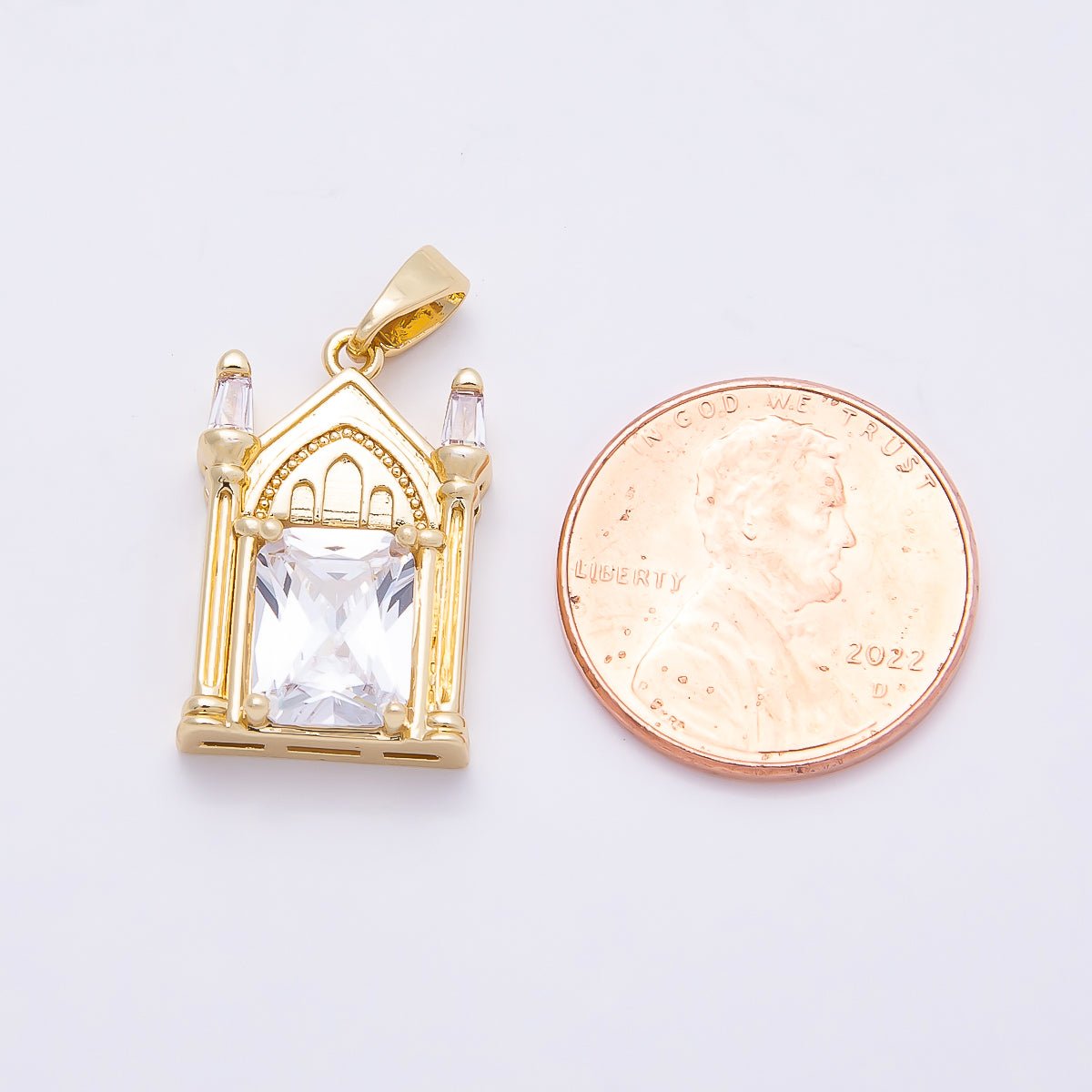 16K Gold Filled 20mm Clear CZ Baguette Vintage Church Castle Pendant | Charms-01037