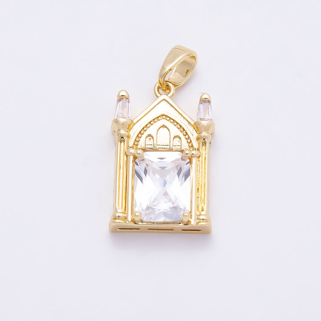 16K Gold Filled 20mm Clear CZ Baguette Vintage Church Castle Pendant | Charms-01037