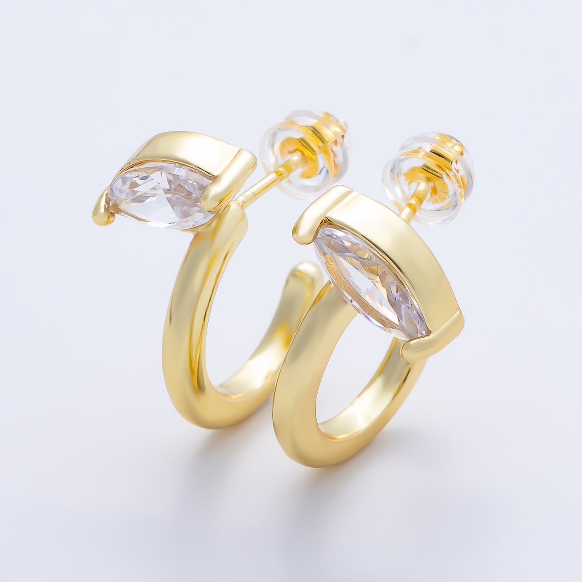 16K Gold Filled 20mm Clear CZ Marquise C-Shaped Hoop | Earrings-00681