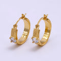 16K Gold Filled 20mm Clear CZ Ribbed Latch Hoop Earrings