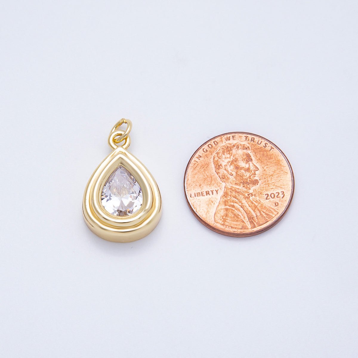 16K Gold Filled 20mm Clear CZ Teardrop Bezel Solitaire Charm | Charms-00665