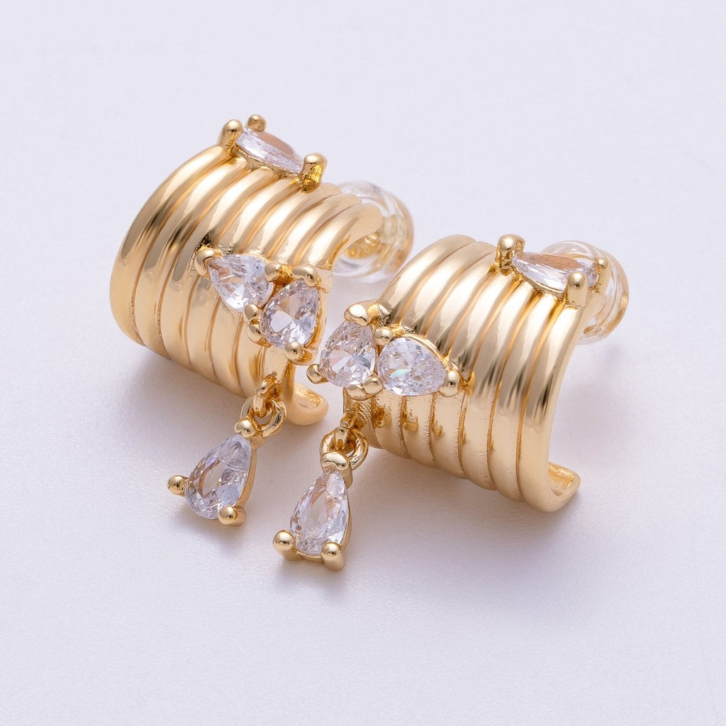 16K Gold Filled 20mm Clear Teardrop CZ Drop Wide Ribbed C-Shaped Hoop Earrings | Earrings-00324