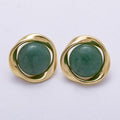 16K Gold Filled 20mm Green Aventurine Cabochon Gemstone Geometric Bezel Stud Earrings | Earrings-00330