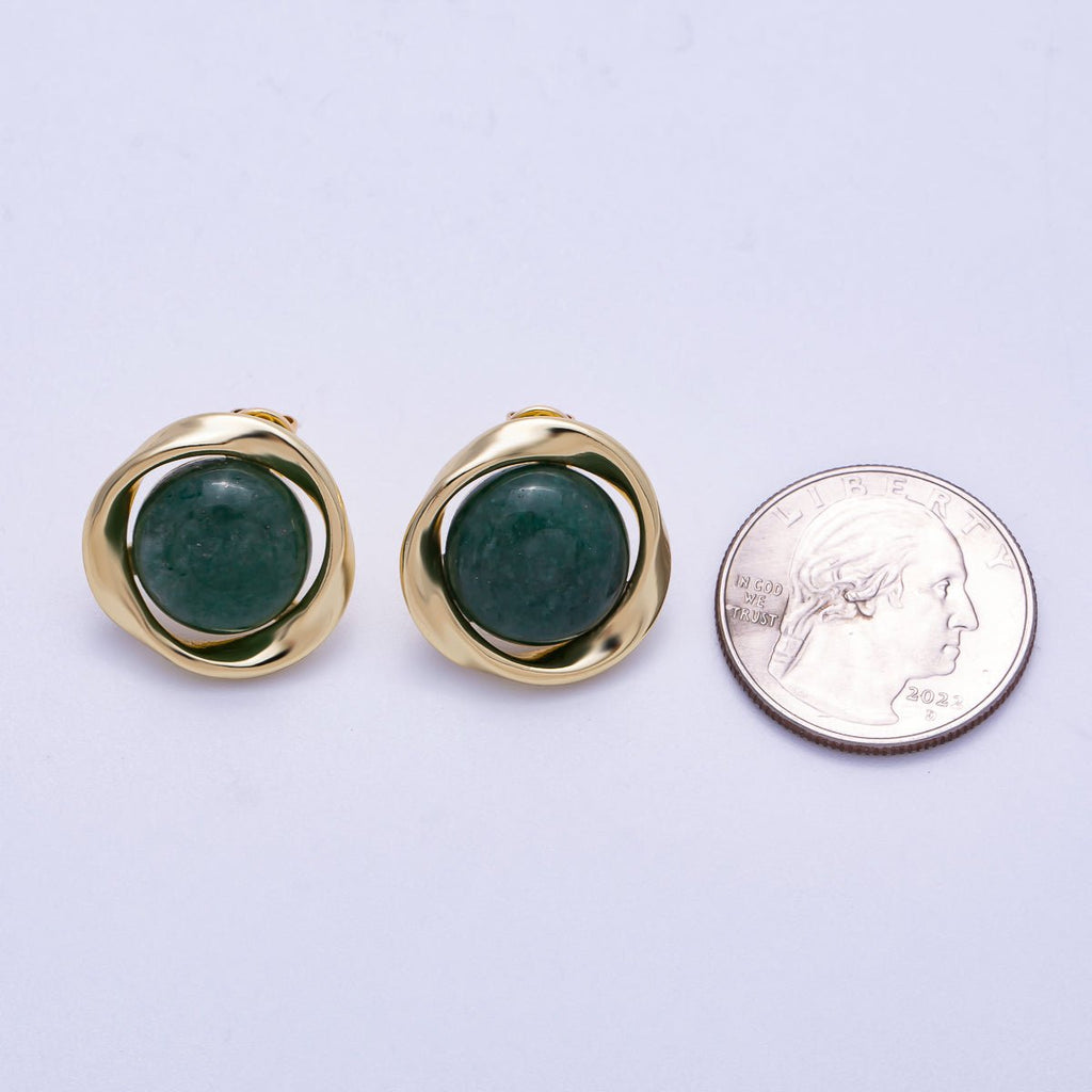 16K Gold Filled 20mm Green Aventurine Cabochon Gemstone Geometric Bezel Stud Earrings | Earrings-00330
