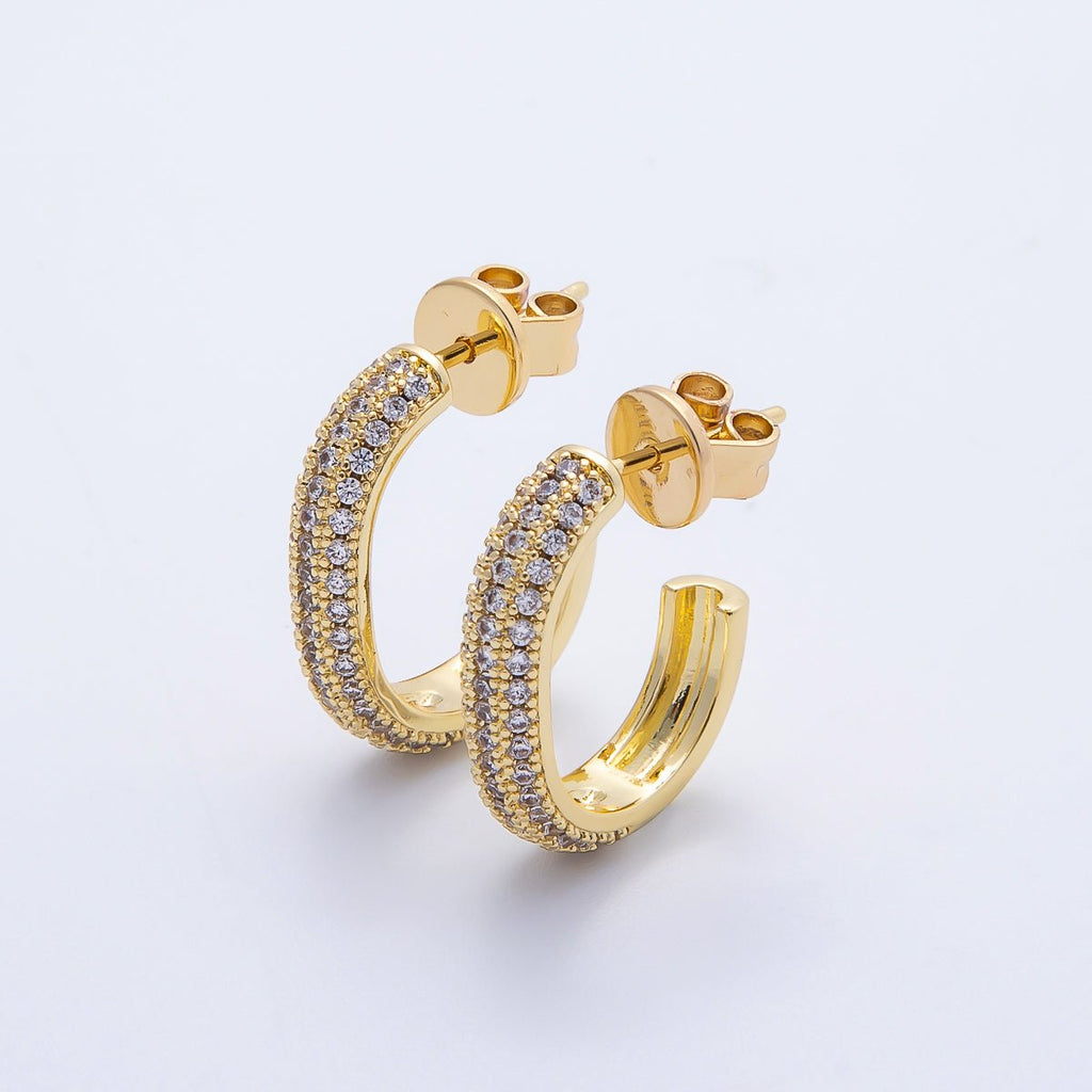 16K Gold Filled 20mm Micro Paved CZ J-Shaped Hoop Earrings | Earrings-00339
