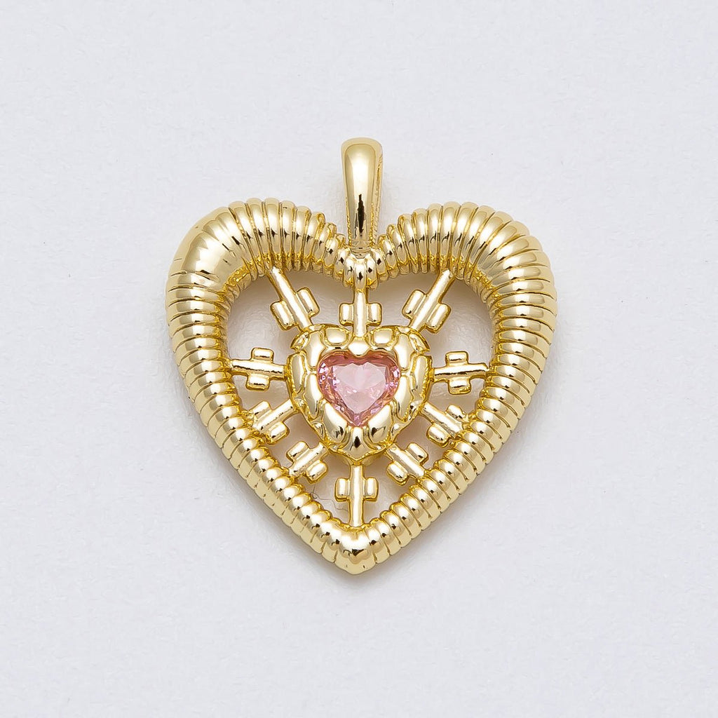 16K Gold Filled 20mm Pink CZ Ribbed Open Heart Pendant | Charms-00452