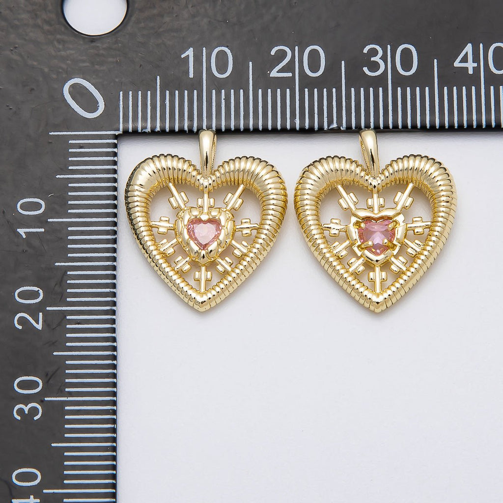 16K Gold Filled 20mm Pink CZ Ribbed Open Heart Pendant | Charms-00452