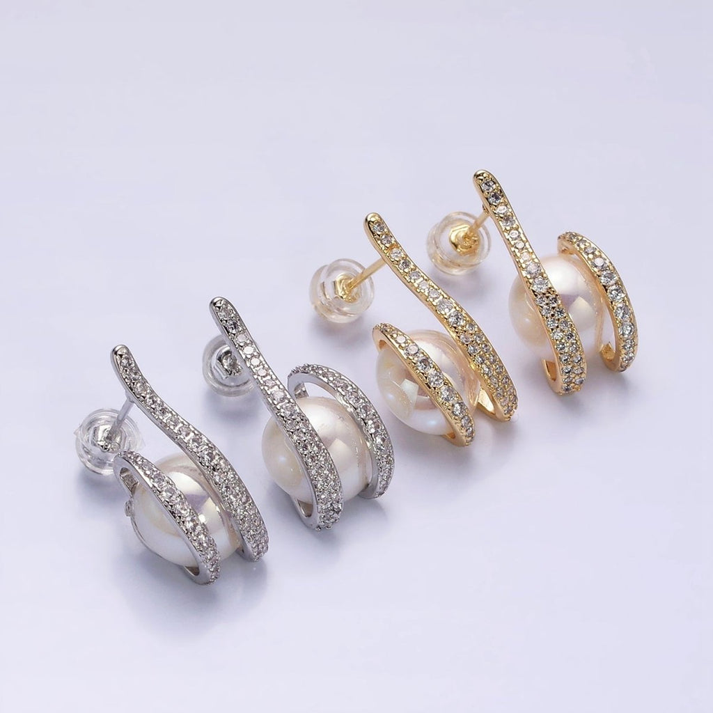 16K Gold Filled 21.5mm Iridescent Shell Pearl Micro Paved CZ Claw Drop Stud Earrings in Gold & Silver | AD972 AD973
