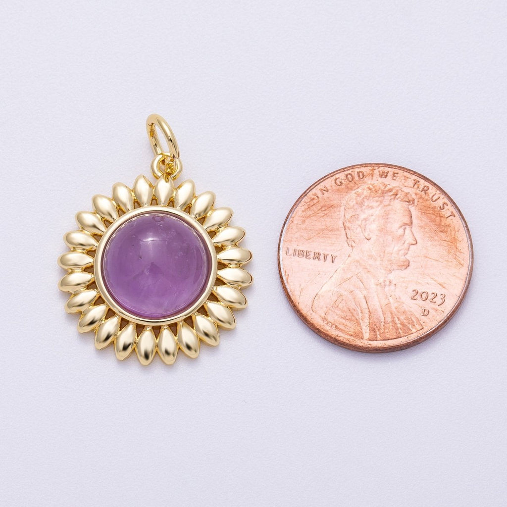 16K Gold Filled 21mm Carnelian, Aquamarine, Amethyst Round Cabochon Gemstone Flower Charm | Charms-00600 ~ Charms-00602
