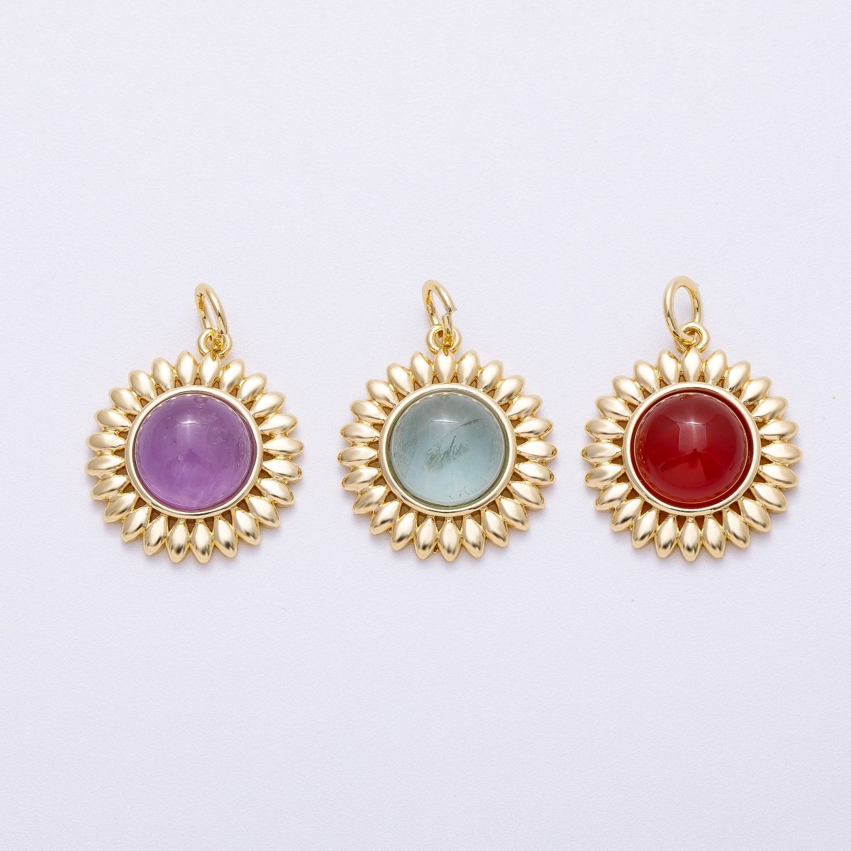 16K Gold Filled 21mm Carnelian, Aquamarine, Amethyst Round Cabochon Gemstone Flower Charm | Charms-00600 ~ Charms-00602