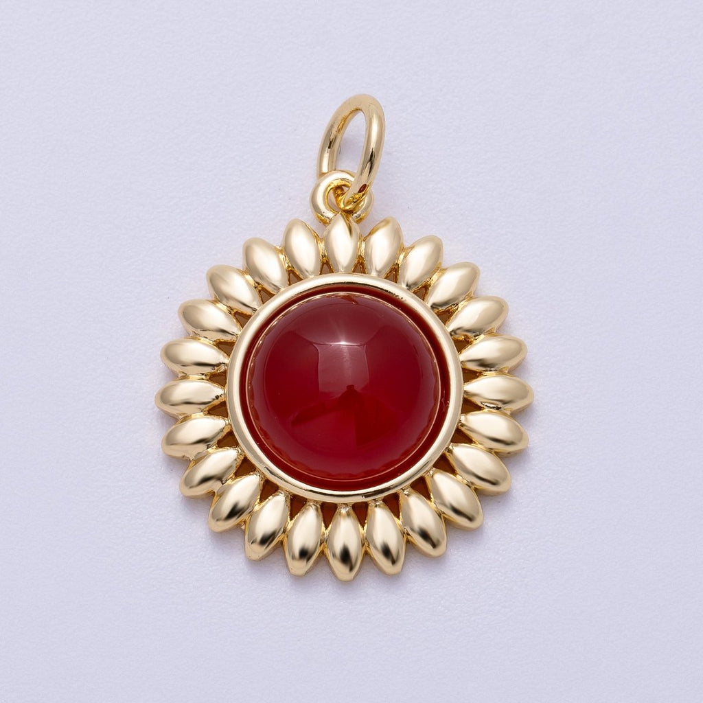 16K Gold Filled 21mm Carnelian, Aquamarine, Amethyst Round Cabochon Gemstone Flower Charm | Charms-00600 ~ Charms-00602