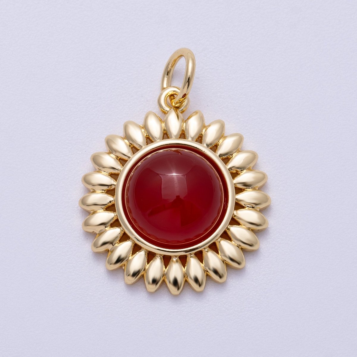 16K Gold Filled 21mm Carnelian, Aquamarine, Amethyst Round Cabochon Gemstone Flower Charm | Charms-00600 ~ Charms-00602