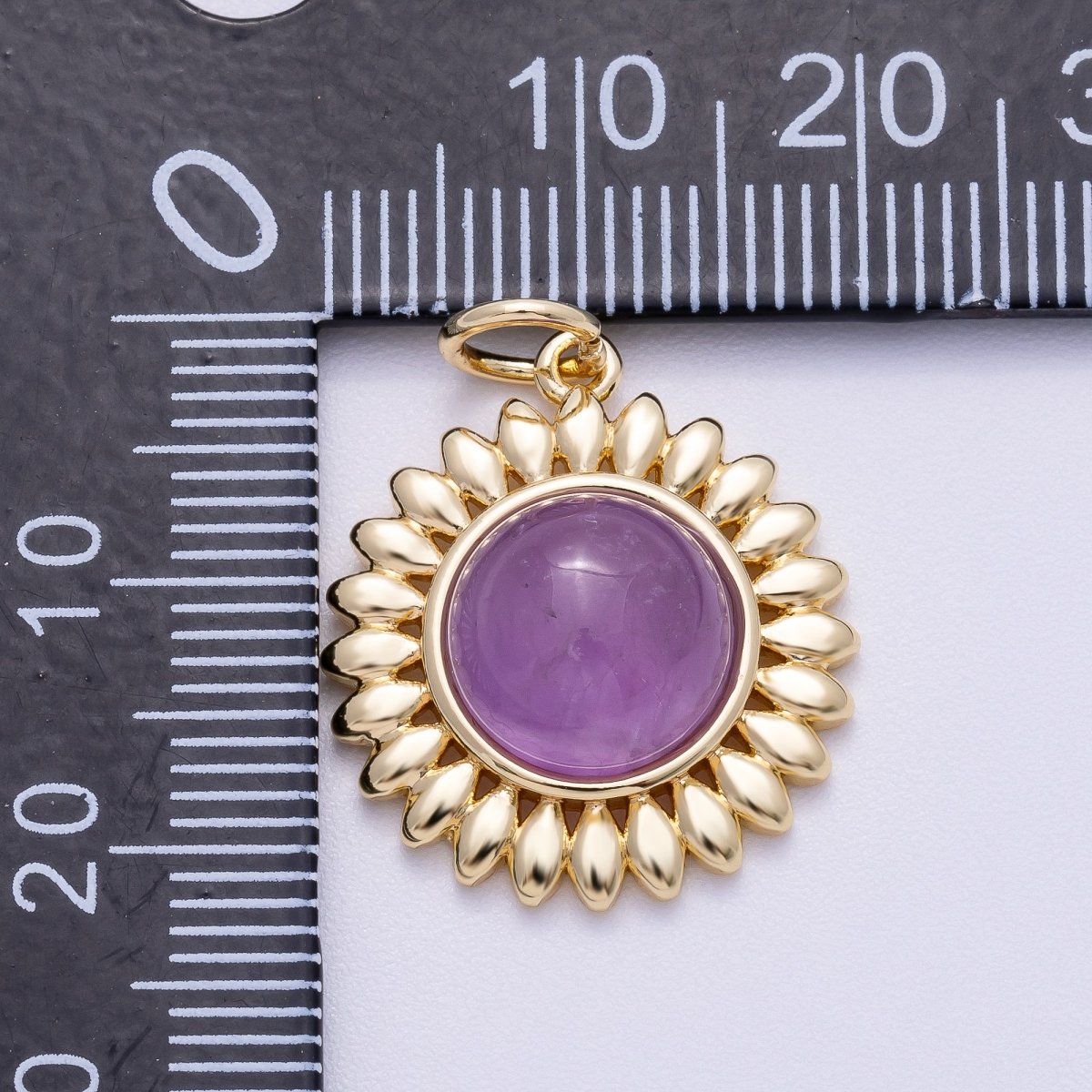 16K Gold Filled 21mm Carnelian, Aquamarine, Amethyst Round Cabochon Gemstone Flower Charm | Charms-00600 ~ Charms-00602