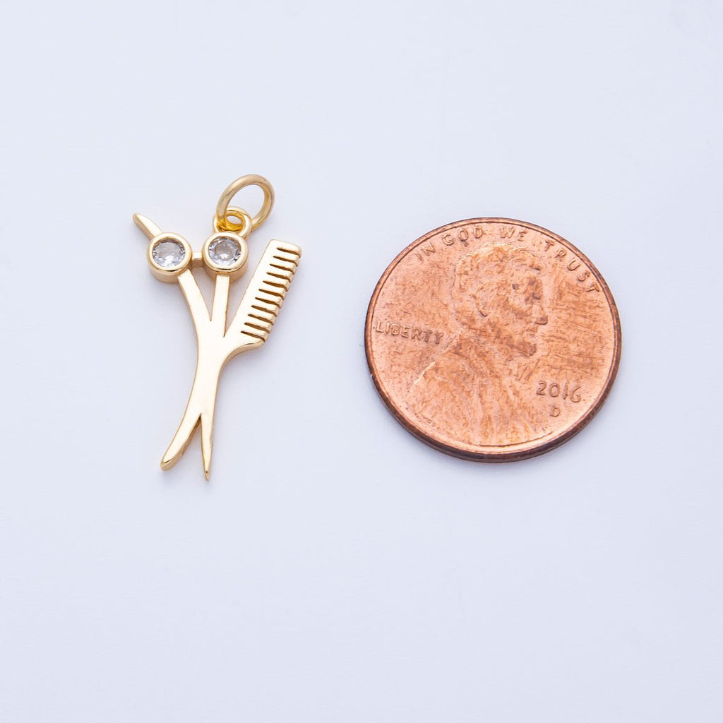 16K Gold Filled 21mm CZ Barber Scissor Shears Hair Cut Charm | Charms-00355