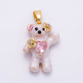 16K Gold Filled 21mm CZ Enamel Pink Heart Flower Teddy Bear Pendant | Charms-01279