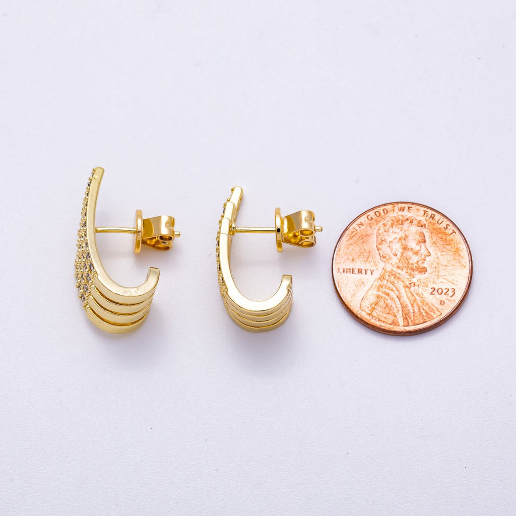 16K Gold Filled 21mm Micro Paved CZ Wide Claw J-Shaped Hoop Earrings in Gold & Silver | Earrings-00335 Earrings-00336