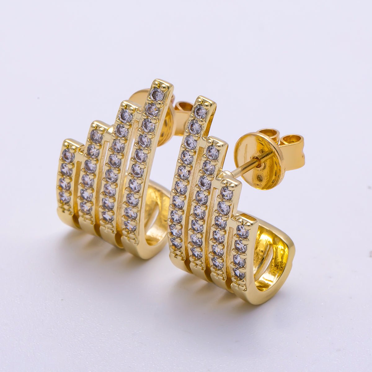 16K Gold Filled 21mm Micro Paved CZ Wide Claw J-Shaped Hoop Earrings in Gold & Silver | Earrings-00335 Earrings-00336