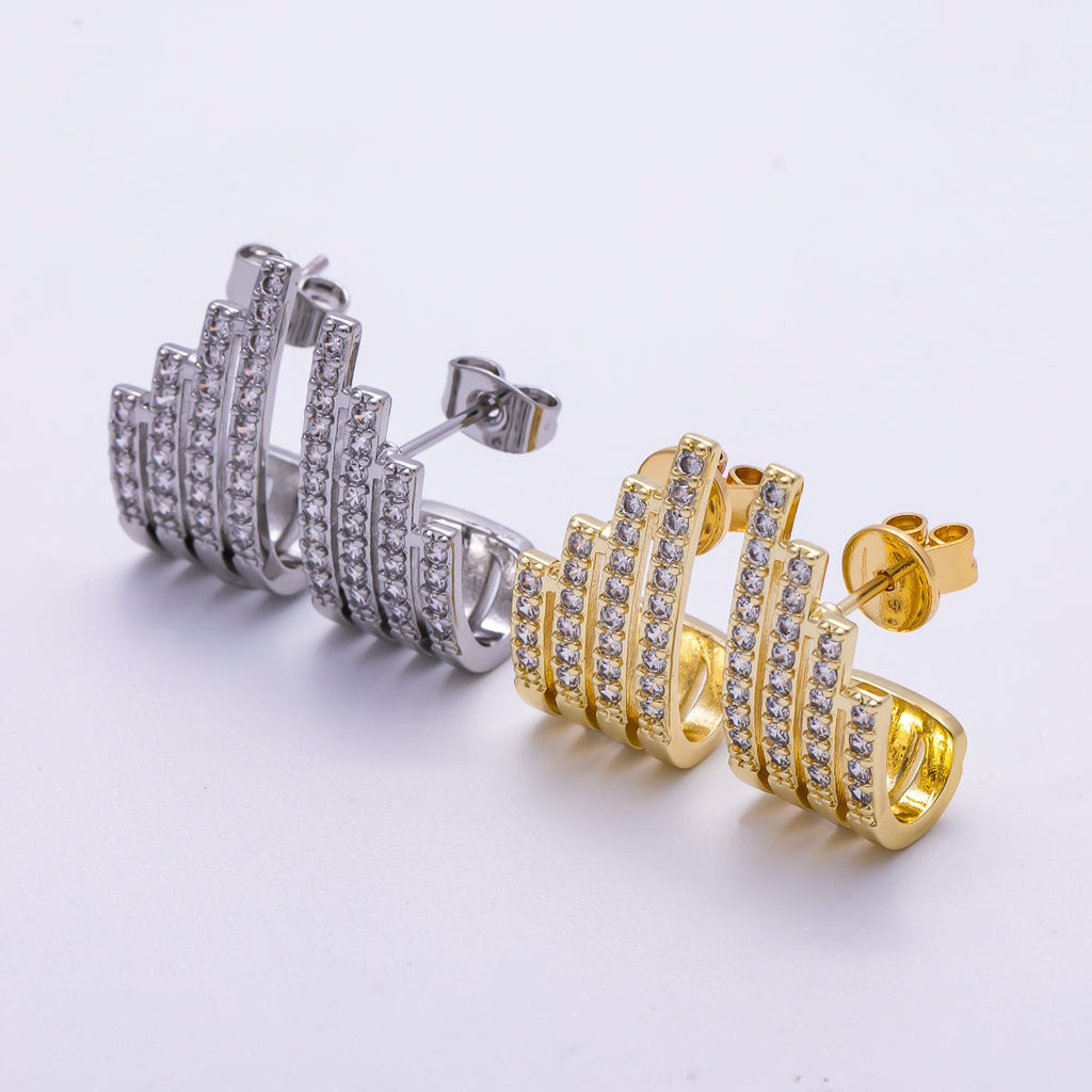 16K Gold Filled 21mm Micro Paved CZ Wide Claw J-Shaped Hoop Earrings in Gold & Silver | Earrings-00335 Earrings-00336