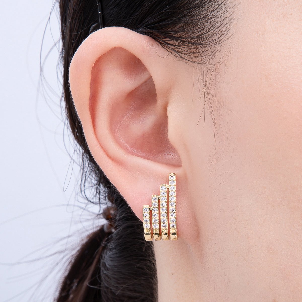 16K Gold Filled 21mm Micro Paved CZ Wide Claw J-Shaped Hoop Earrings in Gold & Silver | Earrings-00335 Earrings-00336